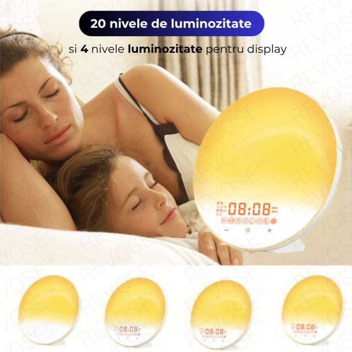 Lampa LED Inteligenta, Radio FM cu Ceas si Alarma, Simulare Rasarit si Apus de Soare, Sunete albe, 7 culori LED, Smart Wake-up light, Port USB [3]