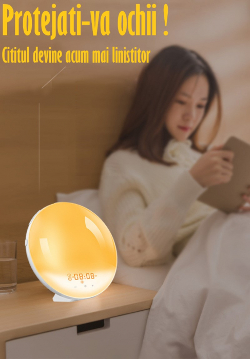 Lampa LED Inteligenta, Radio FM cu Ceas si Alarma, Simulare Rasarit si Apus de Soare, Sunete albe, 7 culori LED, Smart Wake-up light, Port USB [9]