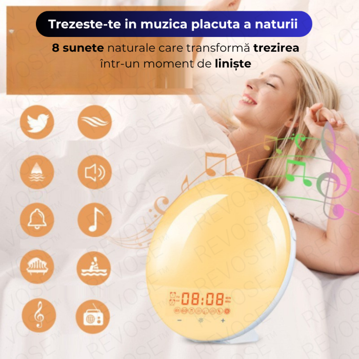 Lampa LED Inteligenta, Radio FM cu Ceas si Alarma, Simulare Rasarit si Apus de Soare, Sunete albe, 7 culori LED, Smart Wake-up light, Port USB [2]