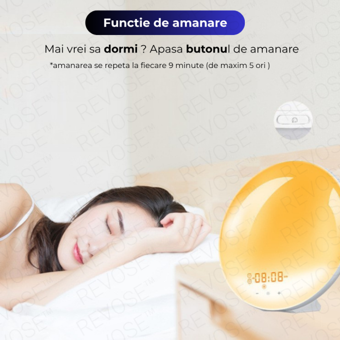 Lampa LED Inteligenta, Radio FM cu Ceas si Alarma, Simulare Rasarit si Apus de Soare, Sunete albe, 7 culori LED, Smart Wake-up light, Port USB [4]