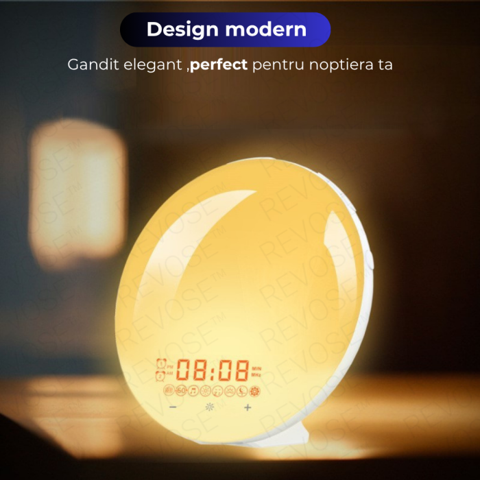 Lampa LED Inteligenta, Radio FM cu Ceas si Alarma, Simulare Rasarit si Apus de Soare, Sunete albe, 7 culori LED, Smart Wake-up light, Port USB [14]