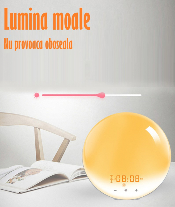 Lampa LED Inteligenta, Radio FM cu Ceas si Alarma, Simulare Rasarit si Apus de Soare, Sunete albe, 7 culori LED, Smart Wake-up light, Port USB [10]