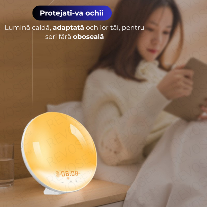 Lampa LED Inteligenta, Radio FM cu Ceas si Alarma, Simulare Rasarit si Apus de Soare, Sunete albe, 7 culori LED, Smart Wake-up light, Port USB [11]