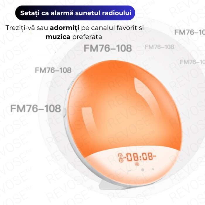 Lampa LED Inteligenta, Radio FM cu Ceas si Alarma, Simulare Rasarit si Apus de Soare, Sunete albe, 7 culori LED, Smart Wake-up light, Port USB [10]
