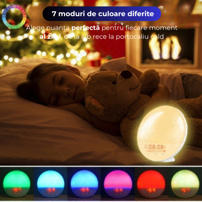Lampa LED Inteligenta, Radio FM cu Ceas si Alarma, Simulare Rasarit si Apus de Soare, Sunete albe, 7 culori LED, Smart Wake-up light, Port USB [8]