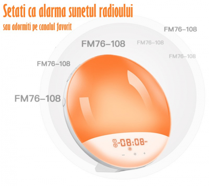 Lampa LED Inteligenta, Radio FM cu Ceas si Alarma, Simulare Rasarit si Apus de Soare, Sunete albe, 7 culori LED, Smart Wake-up light, Port USB [8]