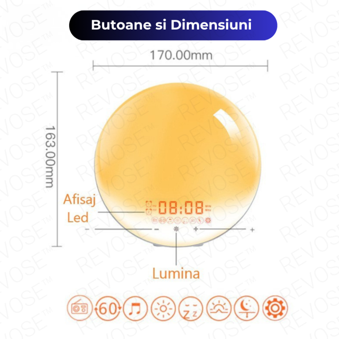 Lampa LED Inteligenta, Radio FM cu Ceas si Alarma, Simulare Rasarit si Apus de Soare, Sunete albe, 7 culori LED, Smart Wake-up light, Port USB [15]