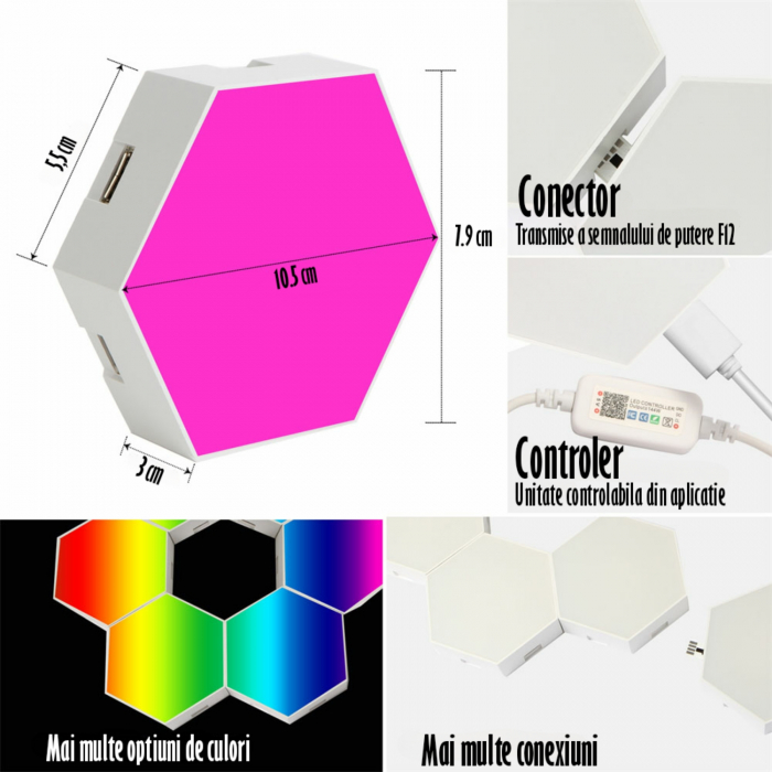 Lampa Modulara Inteligenta tip Hexagon cu Aprindere prin Atingere Led RGB, 6 Panouri Tactile, Voice Control, App control IOS/Android, Alexa/Google Home, Wi-Fi, Port USB, Telecomanda Inclusa [4]