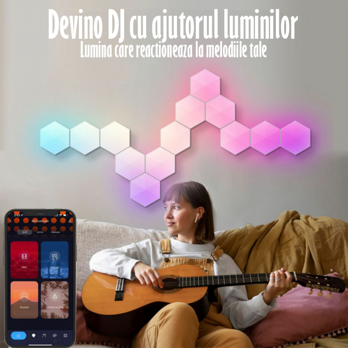Cutie Rupta -Lampa Modulara Inteligenta tip Hexagon cu Aprindere prin Atingere Led RGB, 6 Panouri Tactile, Voice Control, App/control IOS/Android, Alexa/Google Home, Wi-Fi, Port USB, Telecomanda Inclu [4]