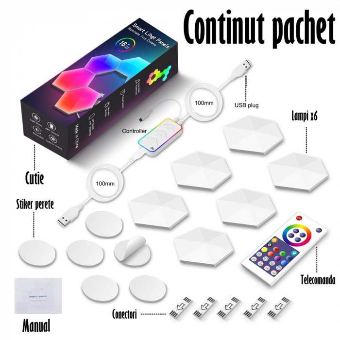 Lampa Modulara Inteligenta tip Hexagon cu Aprindere prin Atingere Led RGB, 6 Panouri Tactile, Voice Control, App control IOS/Android, Alexa/Google Home, Wi-Fi, Port USB, Telecomanda Inclusa [5]