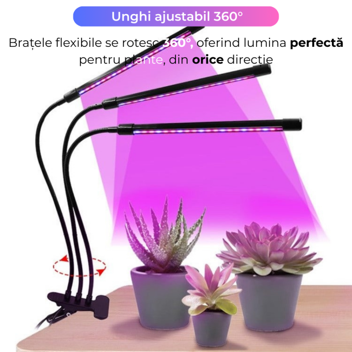 Lampa UV Full Spectrum pentru Cresterea Plantelor cu 3 picioare si 120 LED-uri, 40 w, Temporizator, Corp Reglabil, Clips si Adaptor USB, Lumina UV [4]