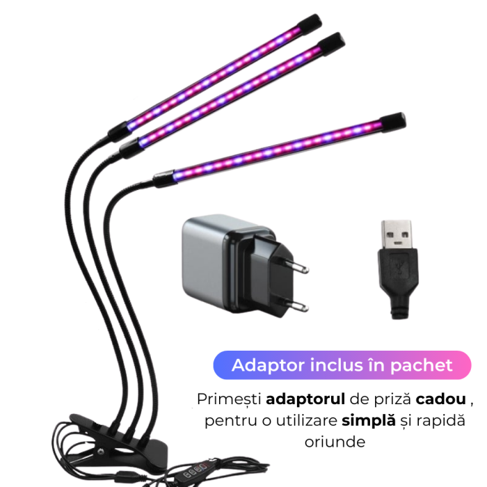 Lampa UV Full Spectrum pentru Cresterea Plantelor cu 3 picioare si 120 LED-uri, 40 w, Temporizator, Corp Reglabil, Clips si Adaptor USB, Lumina UV [5]