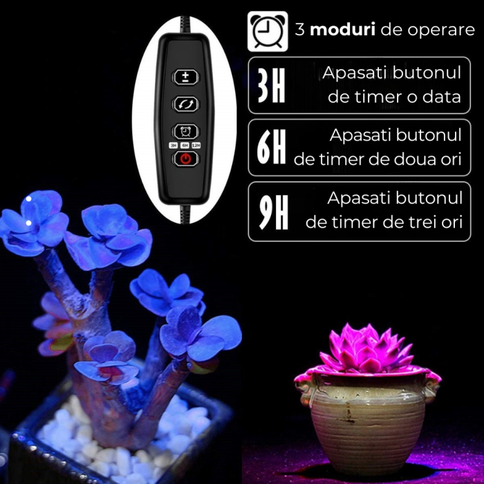 Lampa UV Full Spectrum pentru Cresterea Plantelor cu 3 picioare si 120 LED-uri, 40 w, Temporizator, Corp Reglabil, Clips si Adaptor USB, Lumina UV [6]