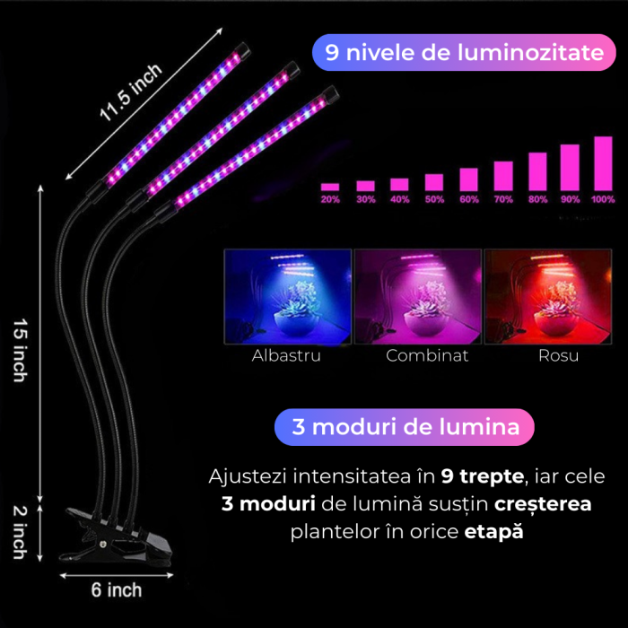 Lampa UV Full Spectrum pentru Cresterea Plantelor cu 3 picioare si 120 LED-uri, 40 w, Temporizator, Corp Reglabil, Clips si Adaptor USB, Lumina UV [3]