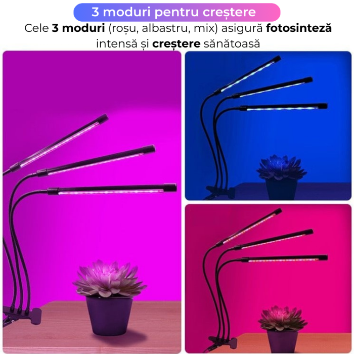 Lampa UV Full Spectrum pentru Cresterea Plantelor cu 3 picioare si 120 LED-uri, 40 w, Temporizator, Corp Reglabil, Clips si Adaptor USB, Lumina UV [8]
