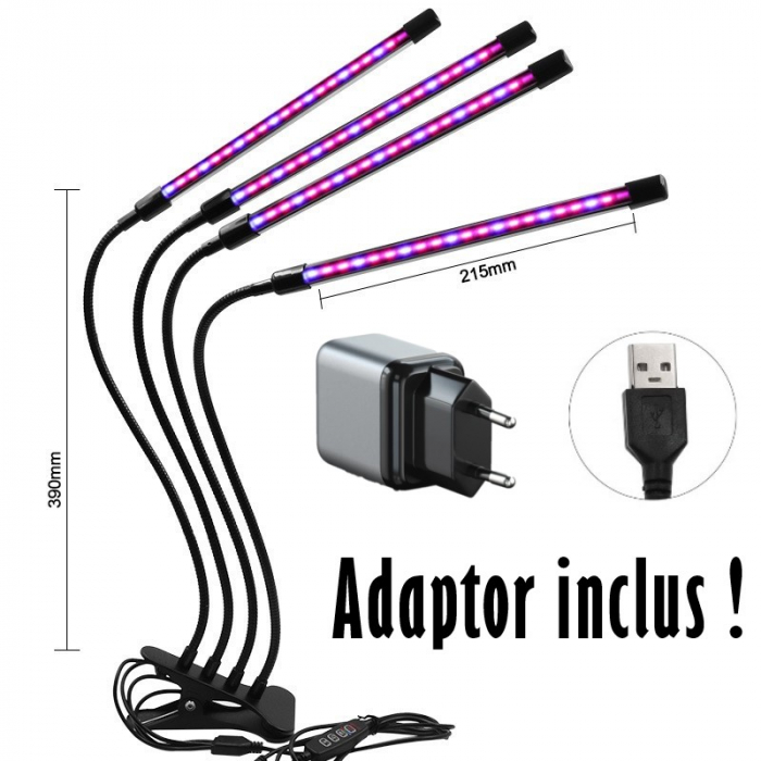 Lampa UV Full Spectrum pentru Cresterea Plantelor cu 4 picioare si 120 LED-uri, 40 w, Temporizator, Corp Reglabil, Clips si Adaptor USB, Lumina UV [15]