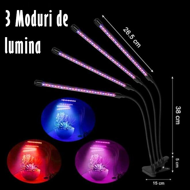 Lampa UV Full Spectrum pentru Cresterea Plantelor cu 4 picioare si 120 LED-uri, 40 w, Temporizator, Corp Reglabil, Clips si Adaptor USB, Lumina UV [16]