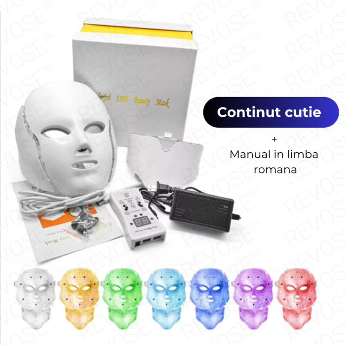 Masca de infrumusetare pentru fata si gat, cu 192 LED-uri si 7 Moduri de Culori, Anti-imbatranire, Anti-sebum, Anti-Acnee, Estompare Riduri fine, Eliminarea petelor si Diminuarea Cearcanelor, Tratamen [10]