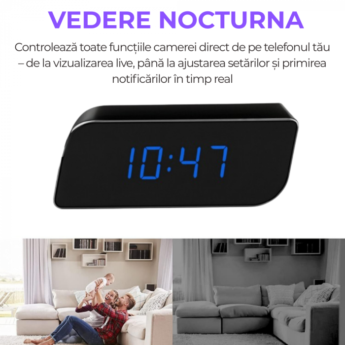 Mini camera Spy REVOSE™, WI-FI, IP, Ascunsa in Ceas Desteptator, Microfon, Infrarosu, 1080P, Activare la Miscare, Card Micro SD 128GB Inclus [11]