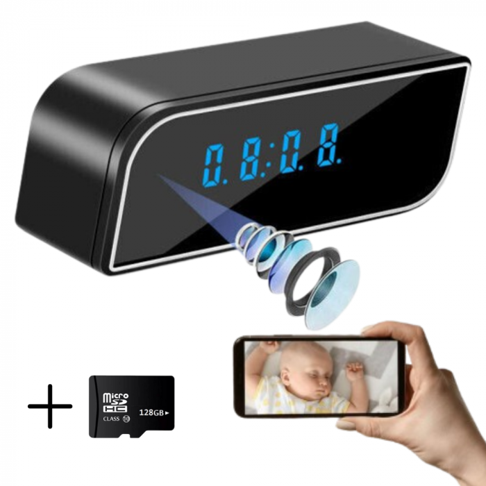 Mini camera Spy REVOSE™, WI-FI, IP, Ascunsa in Ceas Desteptator, Microfon, Infrarosu, 1080P, Activare la Miscare, Card Micro SD 128GB Inclus [1]