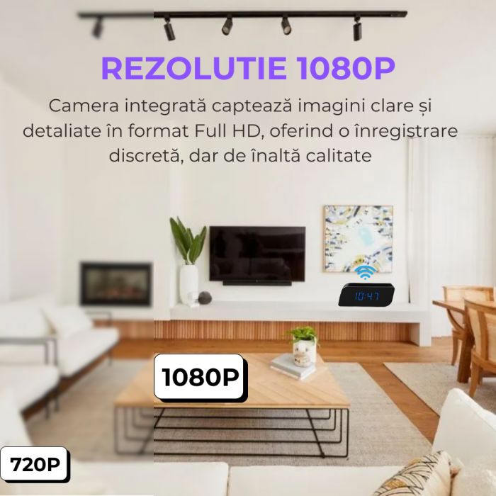 Mini camera Spy REVOSE™, WI-FI, IP, Ascunsa in Ceas Desteptator, Microfon, Infrarosu, 1080P, Activare la Miscare, Card Micro SD 64GB Inclus [5]