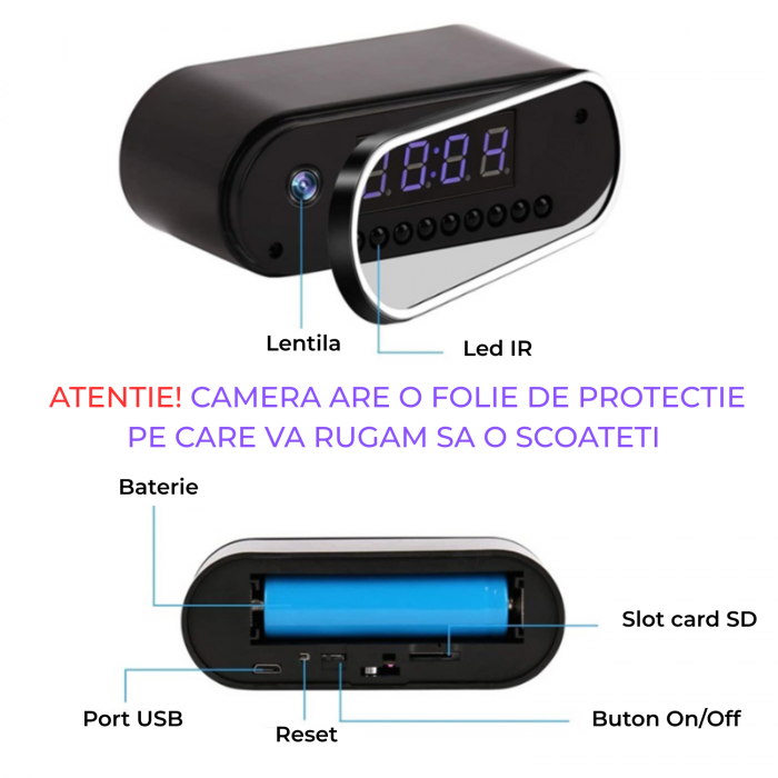 Mini camera Spy REVOSE™, WI-FI, IP, Ascunsa in Ceas Desteptator, Microfon, Infrarosu, 1080P, Activare la Miscare, Rotunda, Card Micro SD 128GB Inclus [11]