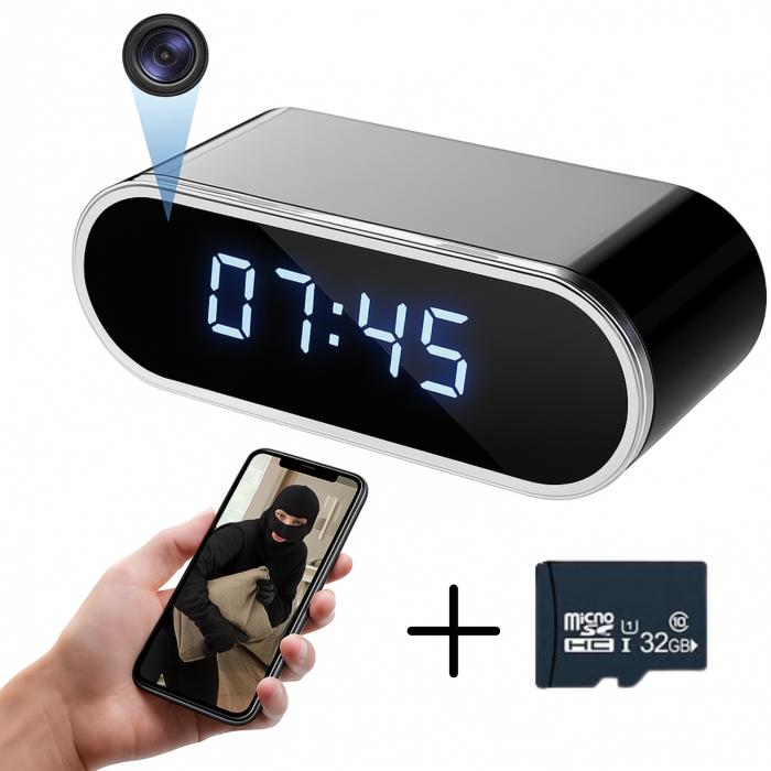 Mini camera Spy REVOSE™, WI-FI, IP, Ascunsa in Ceas Desteptator, Microfon, Infrarosu, 1080P, Activare la Miscare, Rotunda, Card Micro SD 32GB Inclus [1]