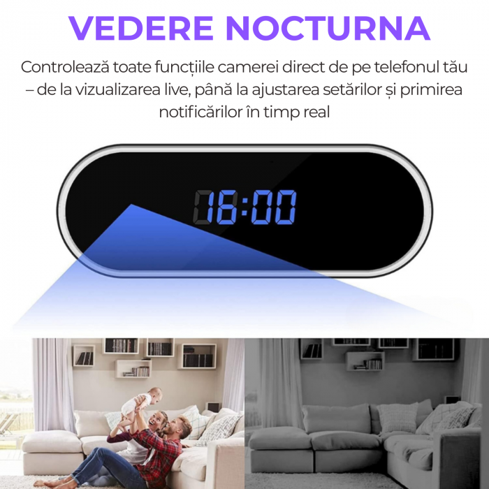 Mini camera Spy REVOSE™, WI-FI, IP, Ascunsa in Ceas Desteptator, Microfon, Infrarosu, 1080P, Activare la Miscare, Rotunda, Card Micro SD 32GB Inclus [9]