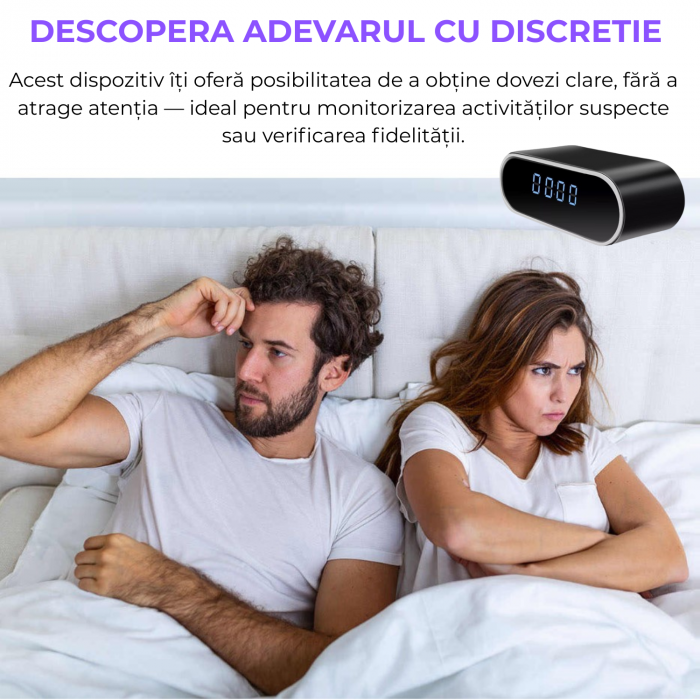 Mini camera Spy REVOSE™, WI-FI, IP, Ascunsa in Ceas Desteptator, Microfon, Infrarosu, 1080P, Activare la Miscare, Rotunda, Card Micro SD 64GB Inclus [3]