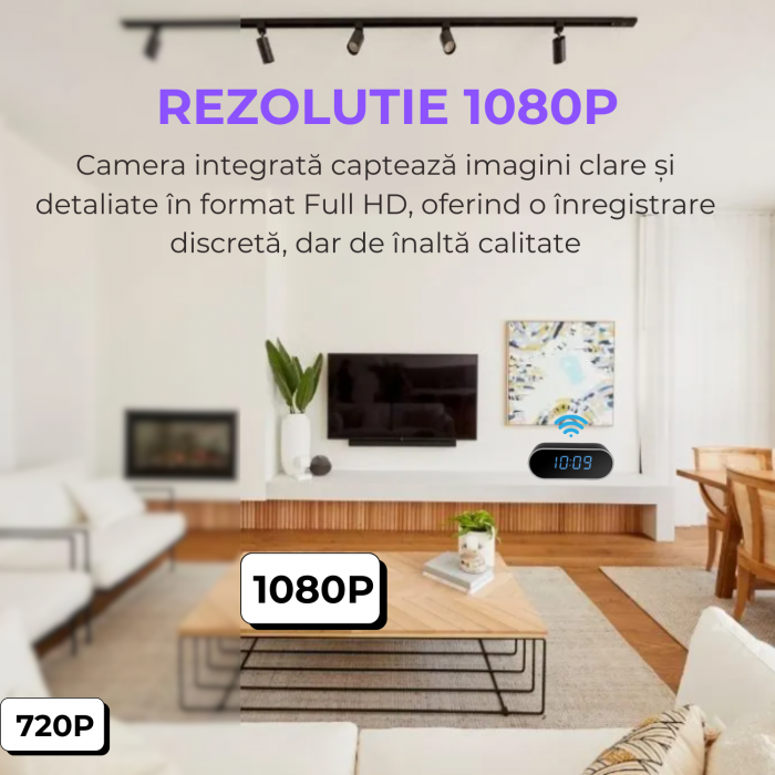 Mini camera Spy REVOSE™, WI-FI, IP, Ascunsa in Ceas Desteptator, Microfon, Infrarosu, 1080P, Activare la Miscare, Rotunda, Card Micro SD 64GB Inclus [8]