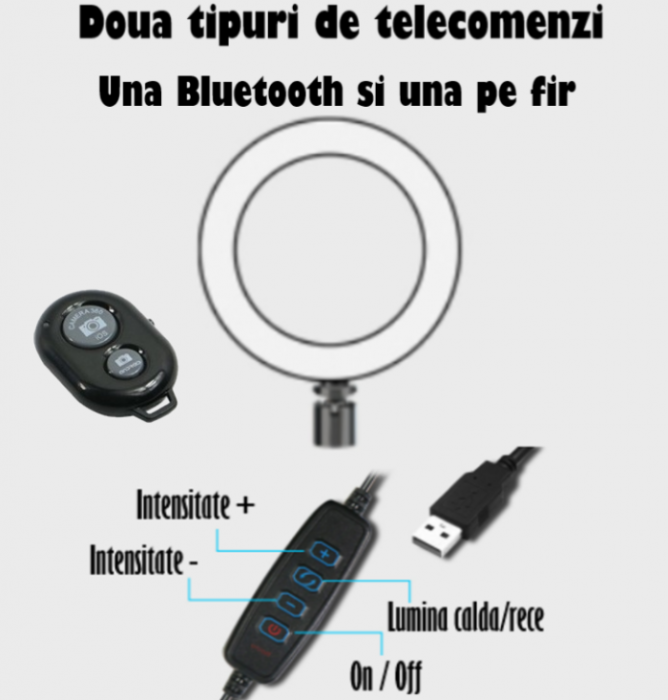 Ring Light Lampa Circulara REVOSE™ cu Extra Brat, Diametru 26cm/10inch LED, Lumina Naturala/Rece/Calda, Trepied 210 cm Inclus, Telecomanda Bluetooth [6]