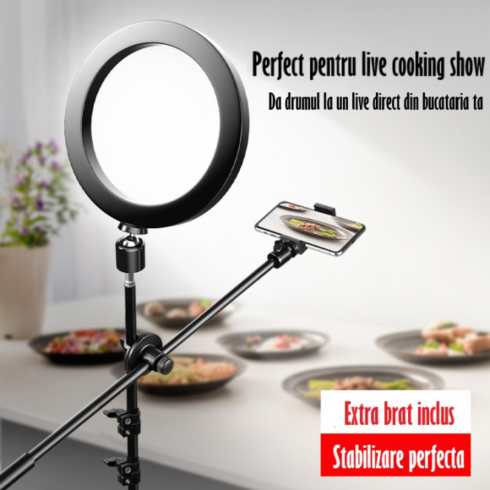 Ring Light Lampa Circulara REVOSE™ cu Extra Brat, Diametru 26cm/10inch LED, Lumina Naturala/Rece/Calda, Trepied 210 cm Inclus, Telecomanda Bluetooth [8]