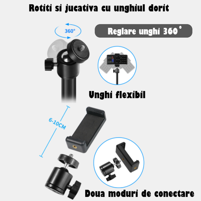 Ring Light Lampa Circulara REVOSE™ cu Extra Brat, Diametru 26cm/10inch LED, Lumina Naturala/Rece/Calda, Trepied 210 cm Inclus, Telecomanda Bluetooth [7]