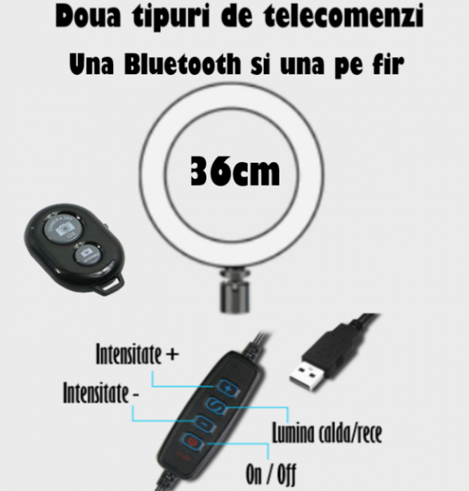 Ring Light Lampa Circulara REVOSE™ cu Extra Brat si 3 suporturi telefon, Diametru 36cm/14inch LED, Lumina Naturala/Rece/Calda, Trepied 210 cm Inclus, Telecomanda Bluetooth [6]