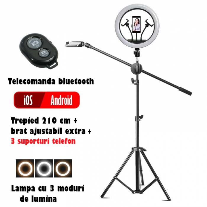 Ring Light Lampa Circulara REVOSE™ cu Extra Brat si 3 suporturi telefon, Diametru 36cm/14inch LED, Lumina Naturala/Rece/Calda, Trepied 210 cm Inclus, Telecomanda Bluetooth [12]