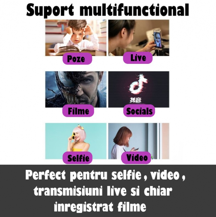 Ring Light Lampa Circulara REVOSE™ cu Extra Brat si 3 suporturi telefon, Diametru 36cm/14inch LED, Lumina Naturala/Rece/Calda, Trepied 210 cm Inclus, Telecomanda Bluetooth [2]