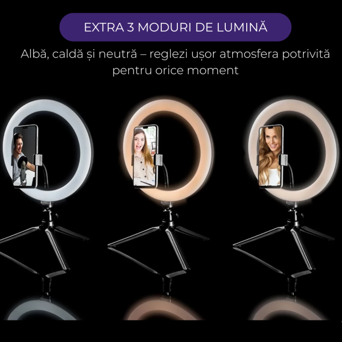 Ring Light Lampa Circulara REVOSE™, Diametru 26cm/10inch LED, Lumina Naturala/Rece/Calda, 15 culori RGB, Trepied Inclus, Telecomanda Bluetooth [2]