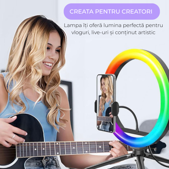 Ring Light Lampa Circulara REVOSE™, Diametru 26cm/10inch LED, Lumina Naturala/Rece/Calda, 15 culori RGB, Trepied Inclus, Telecomanda Bluetooth [4]