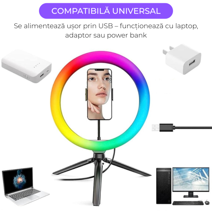 Ring Light Lampa Circulara REVOSE™, Diametru 26cm/10inch LED, Lumina Naturala/Rece/Calda, 15 culori RGB, Trepied Inclus, Telecomanda Bluetooth [7]
