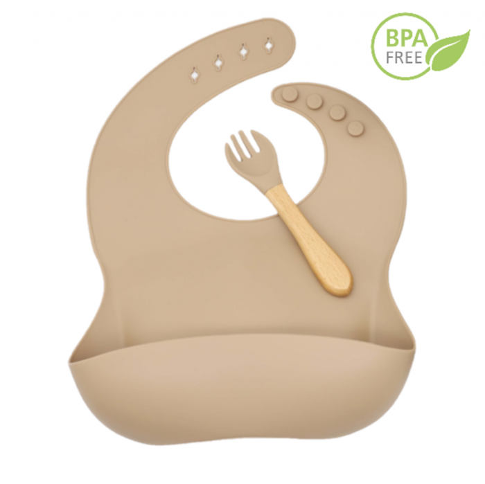 Set Complet Diversificare din Silicon, Farfurie cu Tacamuri, Bavetica, Cana-Pahar, Bol cu Lingura si Furculita, Bej [13]