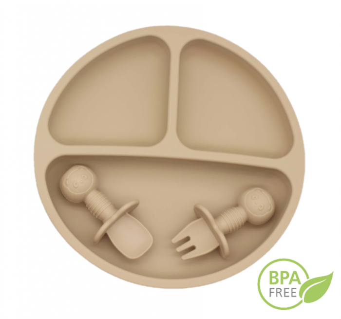 Set Complet Diversificare din Silicon, Farfurie cu Tacamuri, Bavetica, Cana-Pahar, Bol cu Lingura si Furculita, Bej [12]