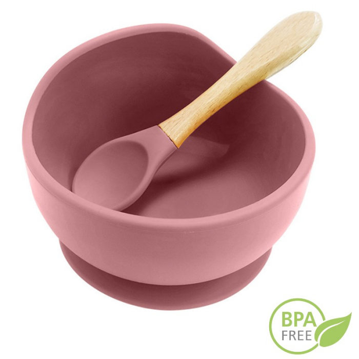 Set Complet Diversificare din Silicon, Farfurie cu Tacamuri, Bavetica, Cana-Pahar, Bol cu Lingura si Furculita, Dark Pink [16]