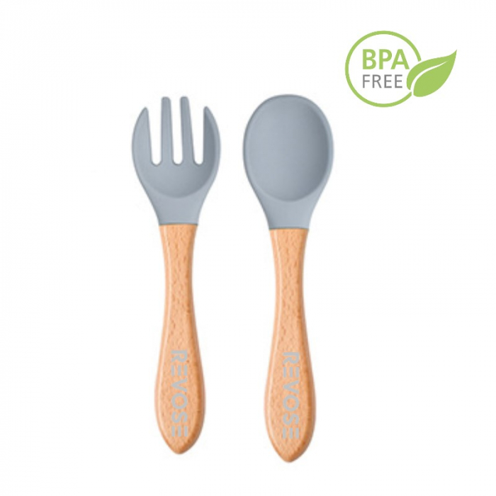 Set Complet Diversificare din Silicon REVOSE™, Farfurie cu Tacamuri, Bavetica, Cana-Pahar, Bol cu Lingura si Furculita, Dusty Blue [15]