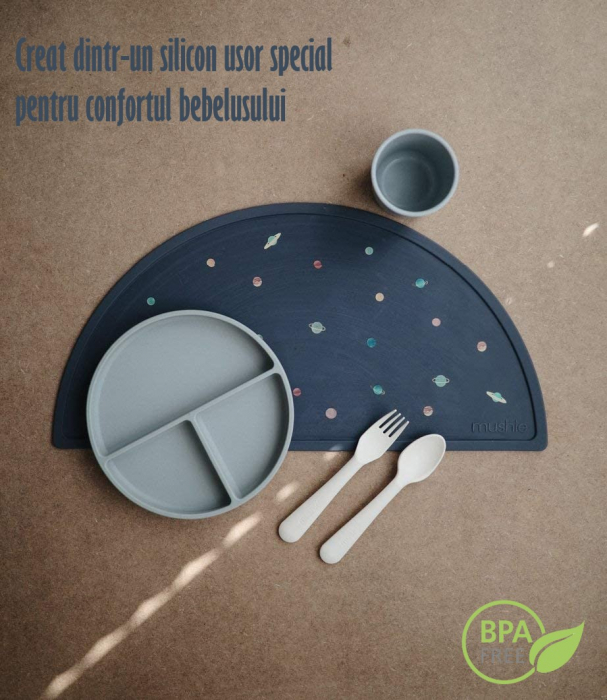 Set Complet Diversificare din Silicon REVOSE™, Farfurie cu Tacamuri, Bavetica, Cana-Pahar, Bol cu Lingura si Furculita, Dusty Blue [2]