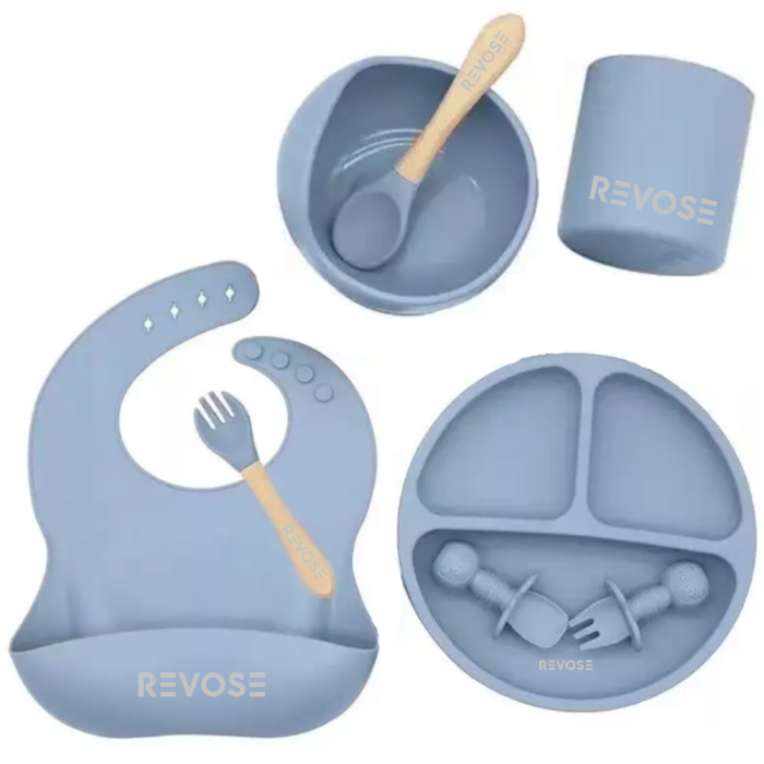 Set Complet Diversificare din Silicon REVOSE™, Farfurie cu Tacamuri, Bavetica, Cana-Pahar, Bol cu Lingura si Furculita, Dusty Blue [1]