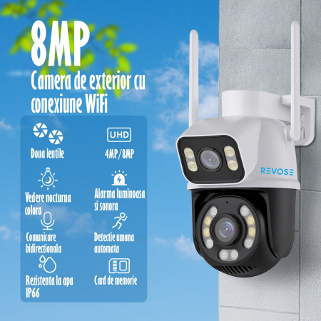 Camera de Supraveghere Video Dual Lens 4K REVOSE™ 8MP 2560x1920, Aplicatie Dedicata, Intelligent Tracking, PTZ, WIFI, Lan, AP hotspot, Micro SD, Rotire, Alarma miscare, Interior si Exterior, Dual Came [2]