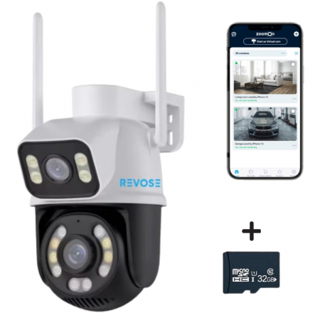 Camere de supraveghere - Camera de Supraveghere Video Dual Lens 4K REVOSE™ 8MP 2560x1920, Aplicatie Dedicata, Intelligent Tracking, PTZ, WIFI, Lan, AP hotspot, Micro SD, Rotire, Alarma miscare, Interior si Exterior, Dual Came