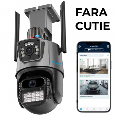 Camere de supraveghere - Camera de Supraveghere Video DualLens REVOSE™ 6MP, Aplicatie Dedicata, Intelligent Tracking, PTZ, WIFI, Lan, AP hotspot, Micro SD, Rotire, Senzor si Alarma miscare, Comunicare Bidirectionala, Exterior