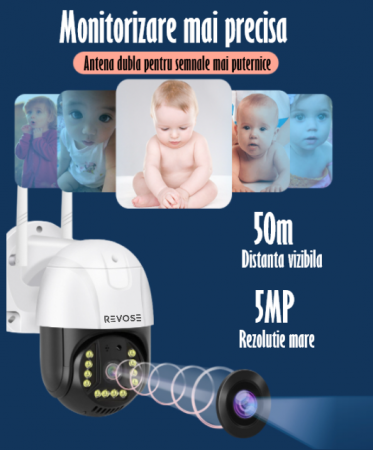 Camera de Supraveghere Video REVOSE™ 5MP 2560x1920, aplicatie dedicata, intelligent tracking, PTZ, WIFI, Lan, AP hotspot, Micro SD, Rotire, Alarma miscare, Interior si Exterior, Card Micro SD 32GB Inc [16]