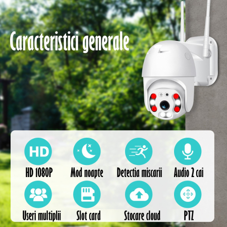 Camera de Supraveghere Video REVOSE™ 5MP 2560x1920, Aplicatie Dedicata, Intelligent Tracking, PTZ, WIFI, Lan, AP hotspot, Micro SD, Rotire, Alarma miscare, Interior si Exterior, Alb, Card Micro SD 32G [11]